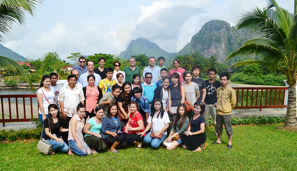 IP Laos Group photo in the garden of the Riverside Boutique Hotel