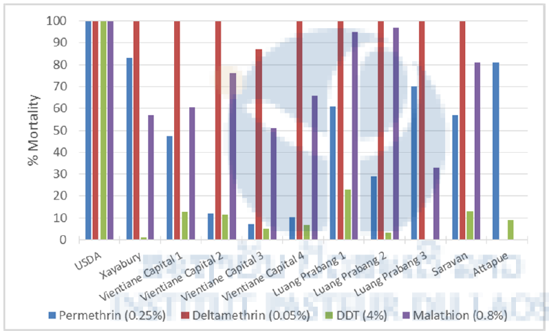 Figure 6. Mortality rates in WHO tube tests of Aedes aegypti from Lao PDR. USDA: susceptible reference strain; Vientiane Capital 1: Kao-Gnot; V. Cap. 2: Phailom; V. Cap. 3: Dongpalab; V. Cap. 4: Oudomphon; Luang Prabang 1: Khomkhuang; LPB 2: Thatnoy; LPB 3: Thongchaleun.