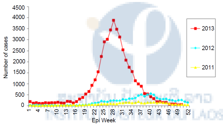 Figure 1. Dengue cases in Lao PDR, 2011 – 2013. Data from Source: http://www.wpro.who.int/emerging_diseases/documents/dengue.updates.2013/en/ 